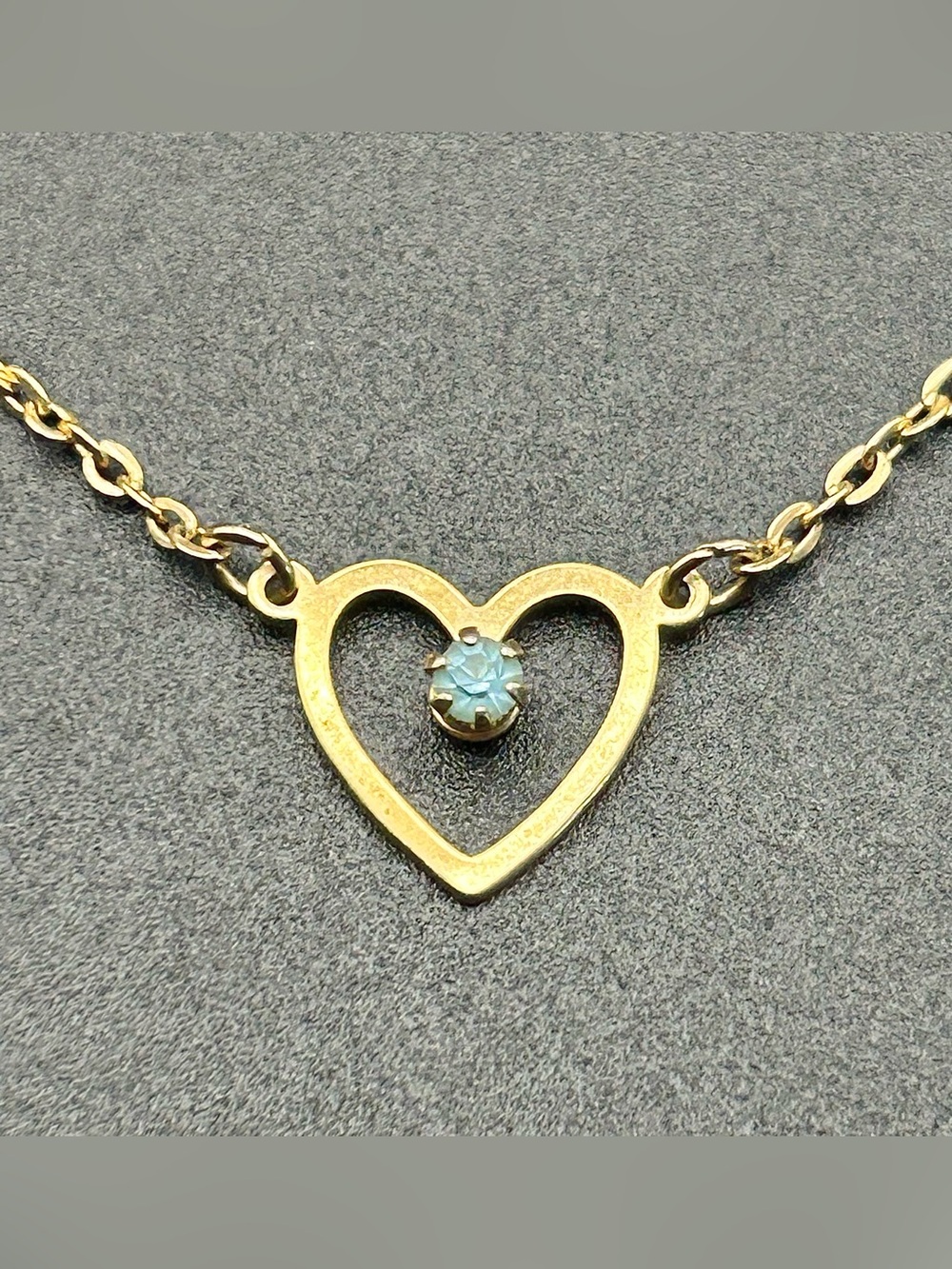 Avon Open Heart Necklace with Blue Rhinestone, 16 inch Gold Tone Chain